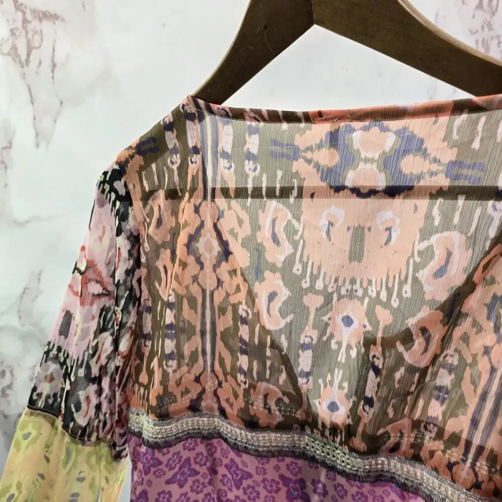 Free People Shirt Womens Large Pink Walk That Patchwork Wide Bell Blouse Crop